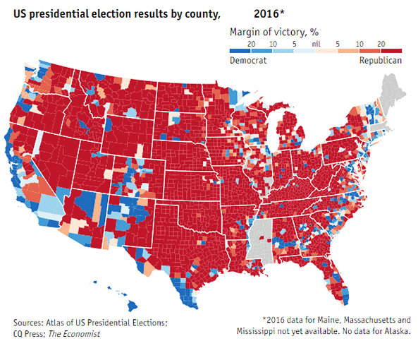 Map of 2016 election results by county