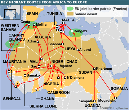 African mass migration routes to Europe