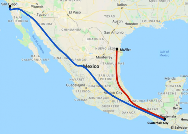Map of migration invasion caravan routes to San Diego vs McAllen