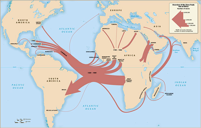 Map of worldwide slave trade beginning in 1500