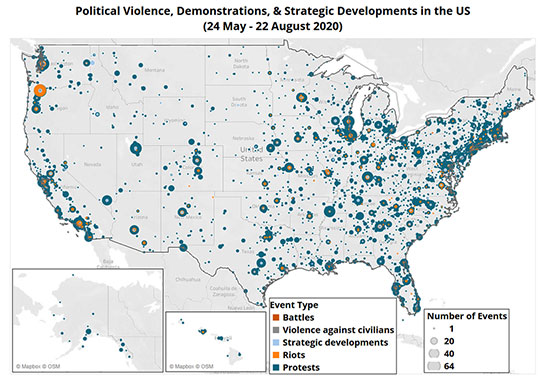 Map of US political violence May 24 - August 22, 2020