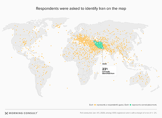 Map of where people think Iran is located