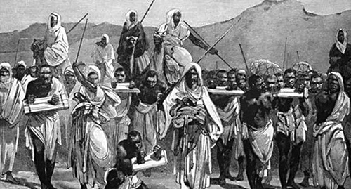 Muslim slave traders transporting Black African slaves across the Sahara
